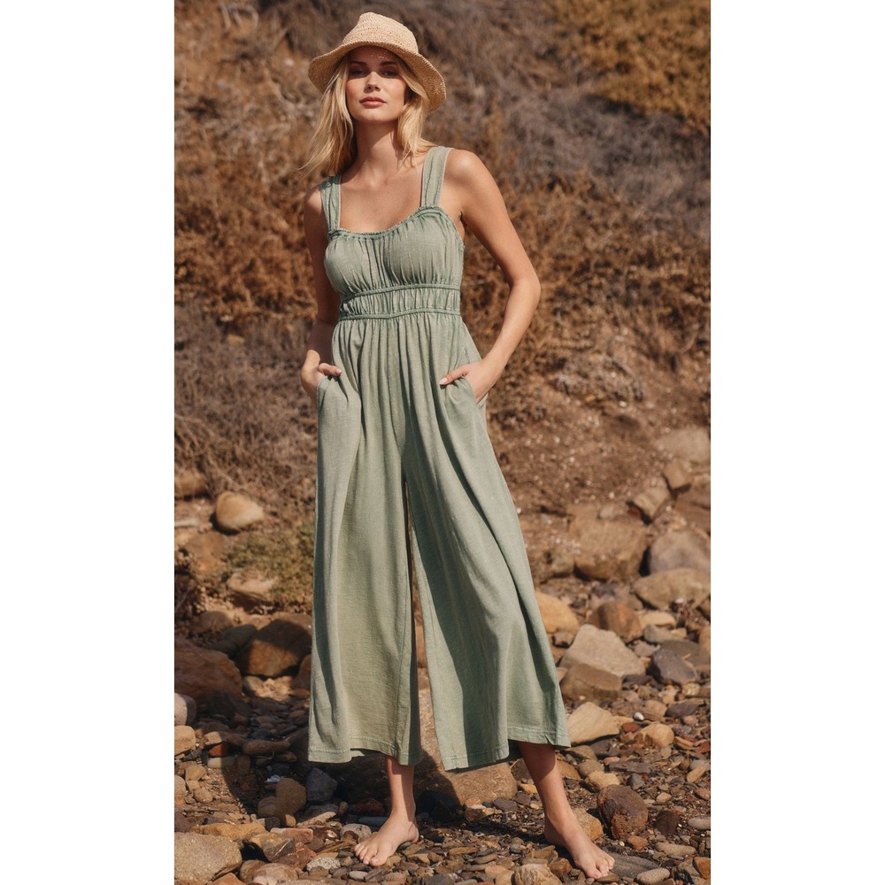 Anthropologie Celandine Simona Scoop Neck Jumpsuit Green Flowy 100% Cotton Sz S
